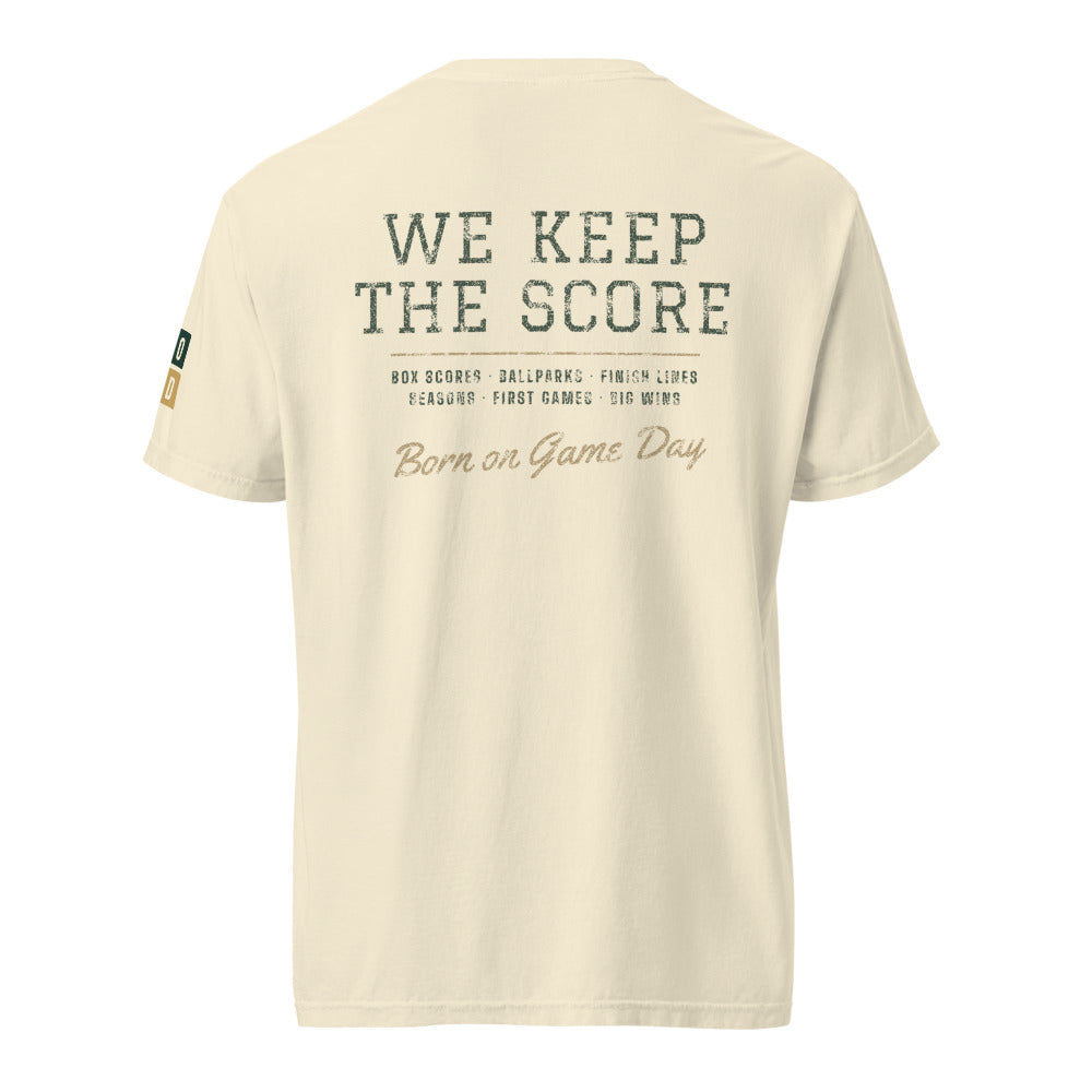 We Keep the Score tee, BornOnGameDay brand line